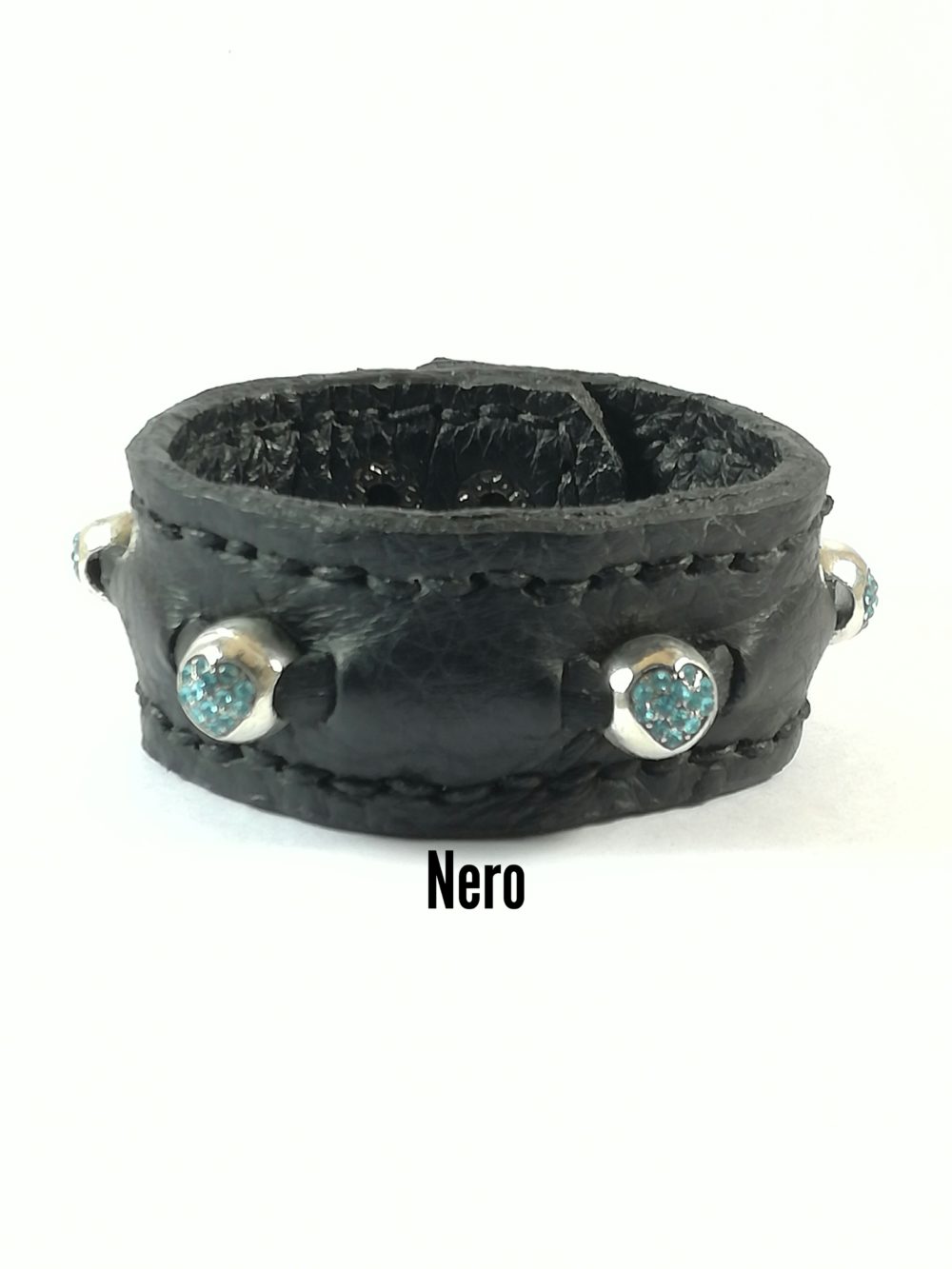 Bracciale in Pelle nero Charm cuore zircone celeste