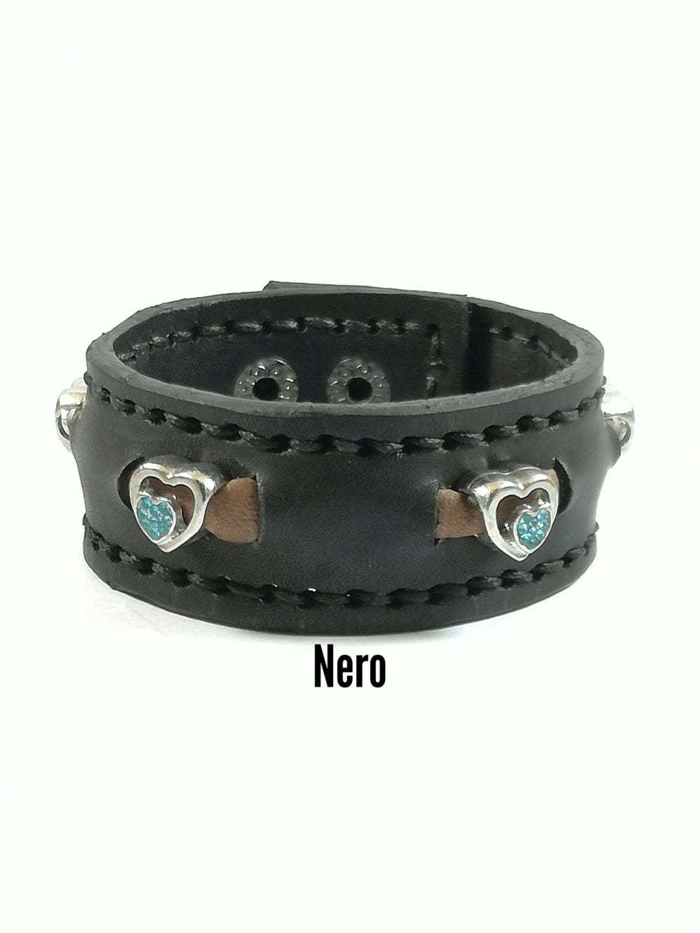 Bracciale in Pelle nero Charm cuore zircone celeste