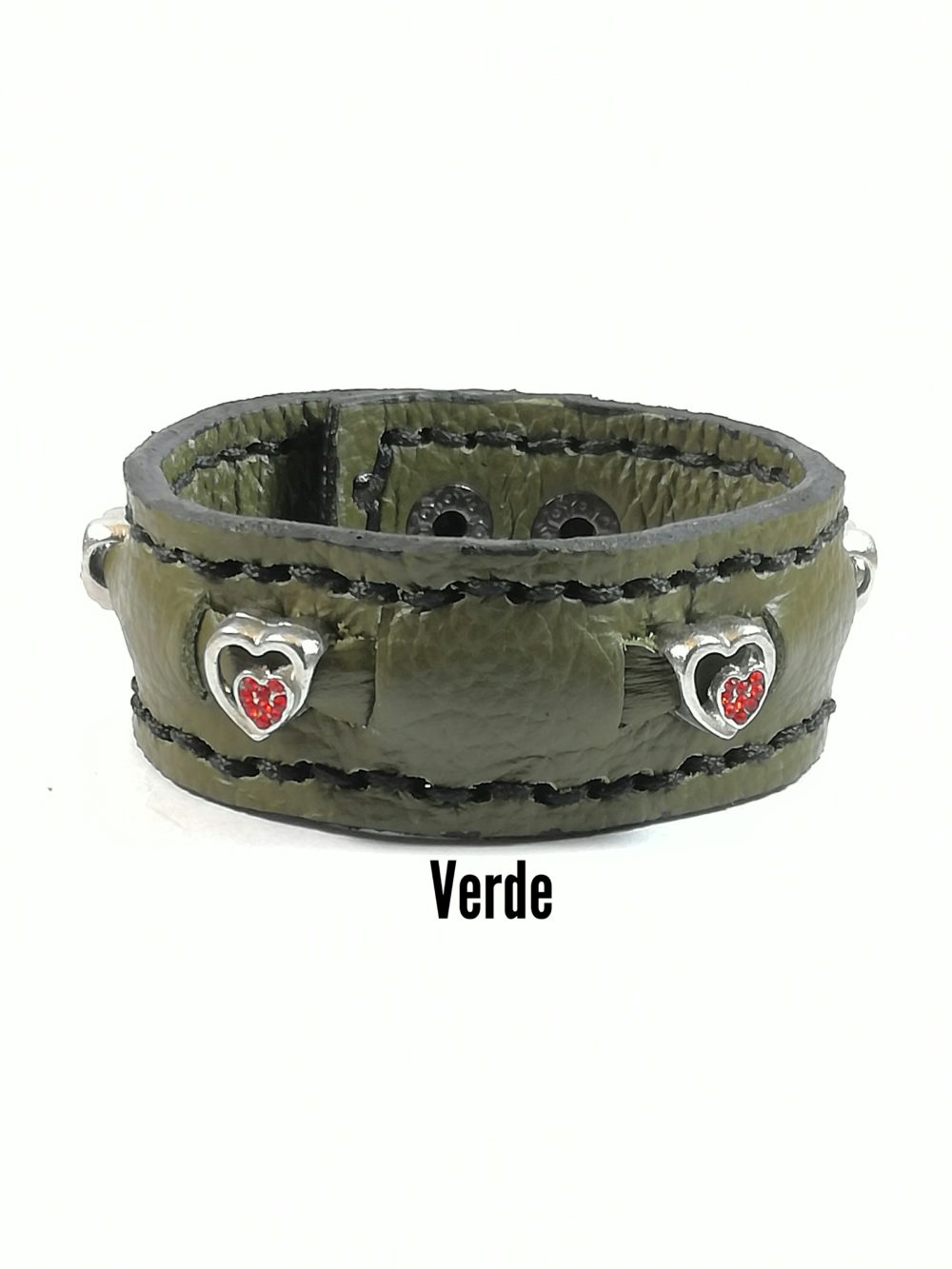 Bracciale in Pelle verde Fatto a Mano Charm cuore zircone rosso